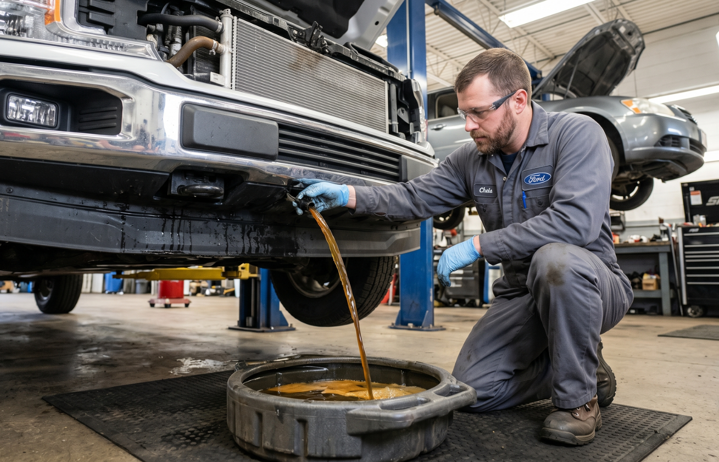 A automobile service engineer performs a coolant flush, emptying dirty brown coolant into a pan, allowing the coolant to be replaced.