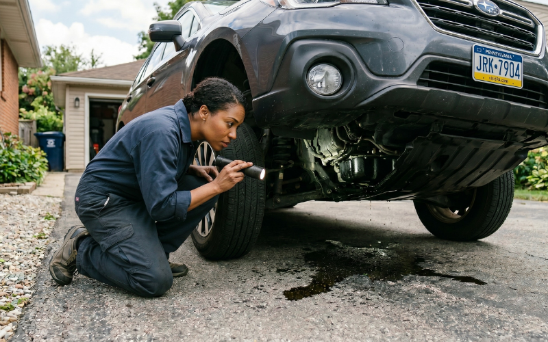 Technician observing leaking transmission fluid.