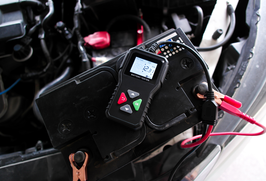 A vehicle battery load reading test as part of a standard vehicle winterization routine.